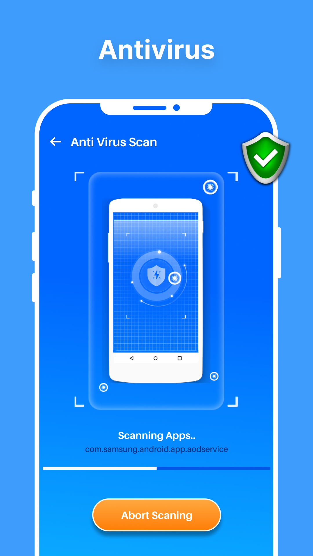 Virus scan in progress detecting malware and security threats on Android phone